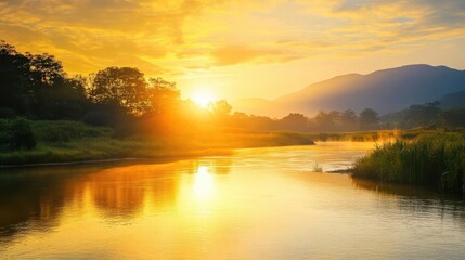 Fototapeta premium golden sunlight breaking over a tranquil river, illuminating the water and surrounding landscape, conveying a sense of peace, renewal, and the beauty of nature at dawn