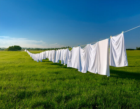 White sheets drying on a long clothesline in a field