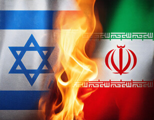 Israel vs Iran flags with flames between. Conflict, war