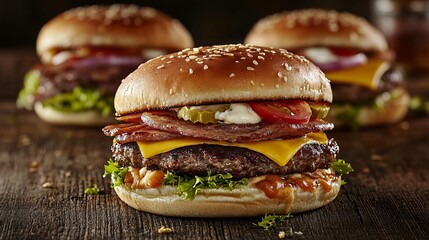 Immerse yourself in a cinematic feast of tantalizing burgers. Our exceptional 4K imagery captures the rustic charm and gourmet artistry of these culinary delights