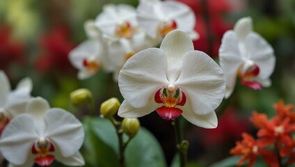 Fototapeta premium White orchids blooming among vibrant red flowers, captured with blurred background.