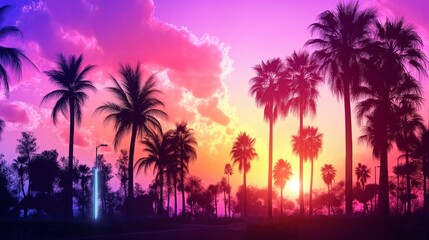 Obraz premium A retro-inspired sunset with pink, orange, and purple hues, silhouetted palm trees, and neon elements.