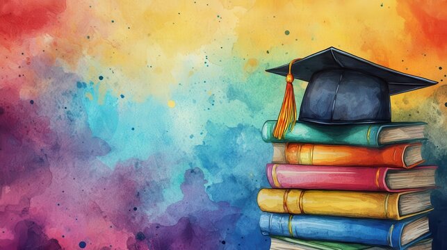 graduation cap resting atop a stack of colorful books, watercolor wash background with ample space for personalized text, hints of vibrant colors