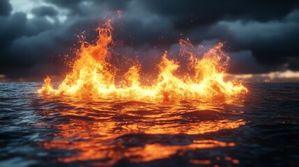 A fire is burning in the ocean, creating a dramatic and intense scene