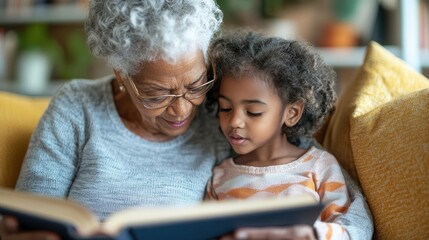 grandmother and granddaughter nestled together on a cozy couch, deeply engaged in reading a book, with a warm, inviting interior setting radiating love and connection