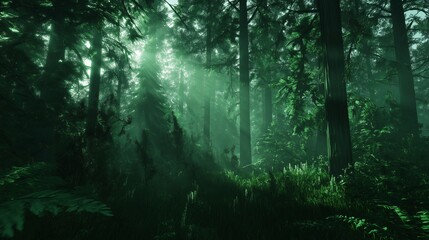 Fototapeta premium A misty forest with sunbeams streaming through the trees, creating a tranquil and mysterious atmosphere.