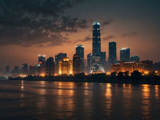 Obraz premium Yangtze River with Wuhan's modern skyline in the background.