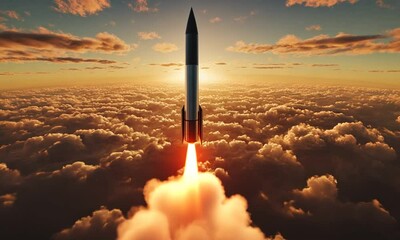 A rocket ascends through clouds at sunset, symbolizing exploration and technological advancement.