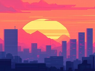 Naklejka premium Stunning Sunset Over a Vibrant Cityscape with Mountains in the Background
