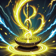 A golden spear with a diamond tip is surrounded by glowing yellow energy and blue lightning bolts, emanating from a circular platform with a wooden base.