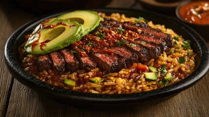 Fototapeta premium Delicious grilled steak on rice with avocado slices