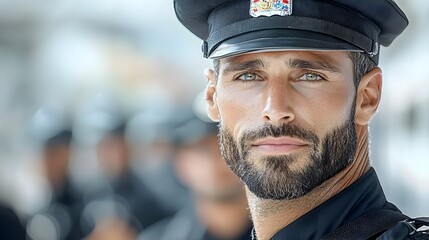Obraz premium Close up Portrait of a Middle Eastern Male Police Officer Wearing a Formal Dress Uniform with a Blurred Urban Street Scene in the Background