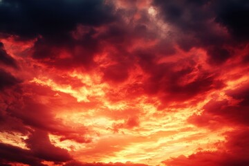 Fototapeta premium Radiant red sunset. Captivating evening ambiance with overcast skies. Dramatic atmosphere presenting creative potential. Alluring surreal skyline