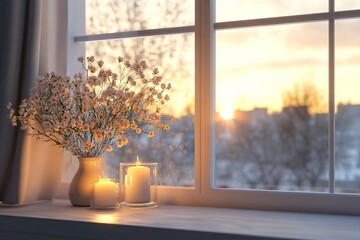 Home mockup, frame close up standing on windowsill at winter evening time, 3d render, Generative AI