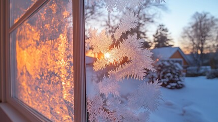 A frosty window with intricate ice patterns, evoking a sense of coziness