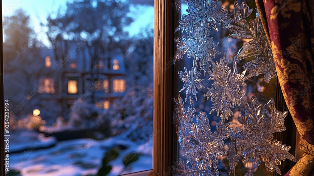Poster a frosty window with intricate ice patterns, evoking a sense of coziness
