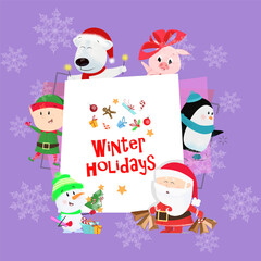 Winter Holidays purple postcard. Inscription with elf, Santa Claus, snowman, piglet, penguin and polar bear on background with snowflakes. Can be used for postcards, greeting cards, leaflets