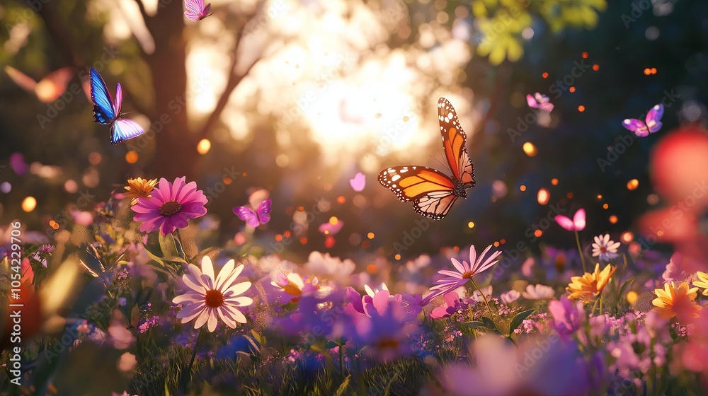 Poster a field of wildflowers in bloom with colorful butterflies fluttering around in warm sunlight.