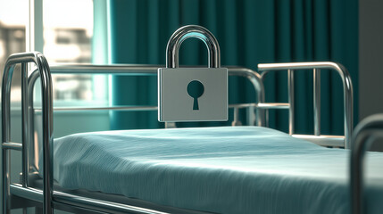 A lock icon over a hospital bed, symbolizing secure healthcare data systems and the privacy of...