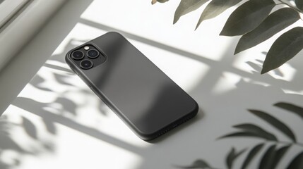A black smartphone rests on a white surface. The phone is in focus and the camera lenses are visible. The surface is lit from above, casting long shadows from unseen leafy branches.