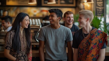 Obraz premium Joyful friends sharing laughter at a cozy café gathering