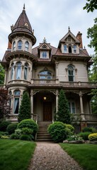 Fototapeta premium Victorian-style house with intricate architecture surrounded by landscaped garden 