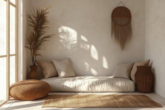 Scandi-Boho style living room interior, wall mockup, 3d render, Generative AI