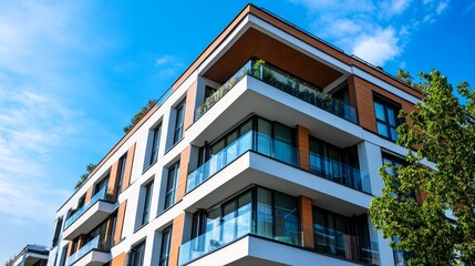 Obraz premium Modern apartment building with balconies and large windows under a clear blue sky.