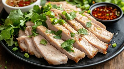 Deliciously Sliced Pork with Fresh Herbs and Sauces