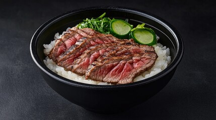 Fototapeta premium Grilled Beef Steak on Rice Bowl with Green Garnish