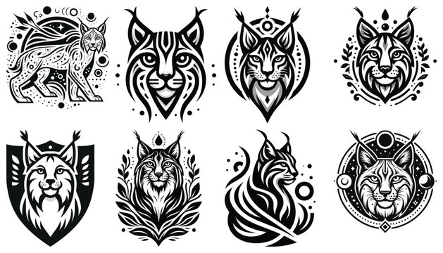 Intricate lynx tattoo designs in black and white, vector illustrations, perfect for decoration - Powered by Adobe