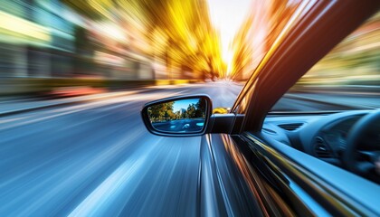 Obraz premium High-Speed Black Car Racing Down The Street With Blurred Background - Illustrating Dangerous Driving And Disobeying Traffic Rules.