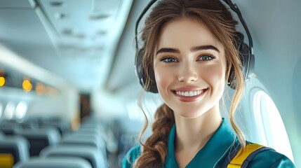 Close up portrait of a cheerful and friendly flight attendant in airline uniform wearing headphones and smiling with a blurred airplane aisle in the background