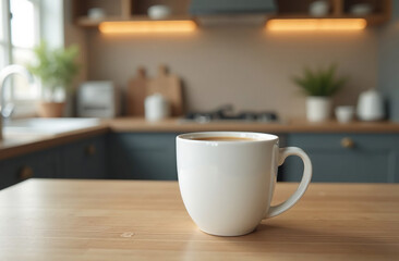 Fototapeta premium Coffee cup on wooden table in modern kitchen