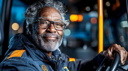 Obraz premium Close up portrait of a cheerful senior bus driver in uniform with the blurred interior of a public transportation vehicle visible in the background
