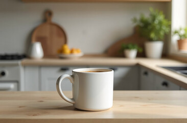 Obraz premium Cup of coffee on wooden table in kitchen, space for text