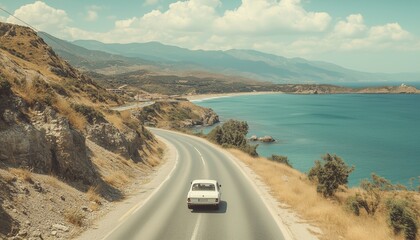 Enjoying A Scenic Drive Along The Coastal Road In A White Car During A Summer Vacation Trip Through Spain.