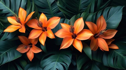 Obraz premium Tropical seamless pattern featuring bright orange bird-of-paradise flowers and lush green palm leaves, with dramatic shadows adding depth.