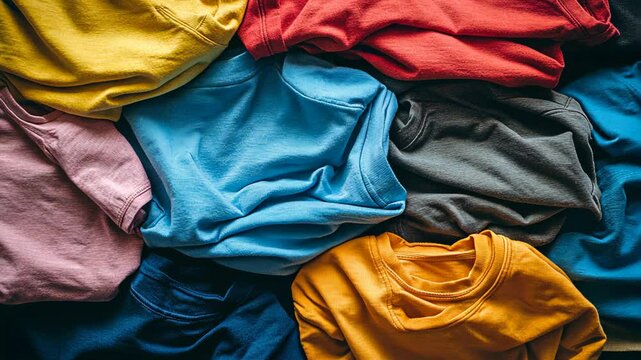 A stack of colorful t-shirts are piled on a dark surface