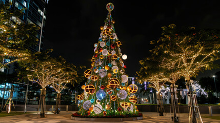 Fototapeta premium huge christmas tree decorated with ornament balls and bokeh lights