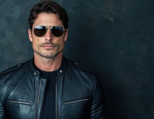 Fototapeta premium Stylish man in leather jacket and sunglasses