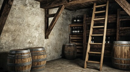 Traditional Wooden Cellar with Ladder and Barrels