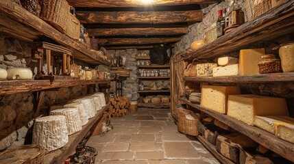 Obraz premium Traditional Cheese Cellar with Shelves of Varieties