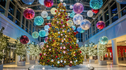 Fototapeta premium huge christmas tree decorated with ornament balls and bokeh lights