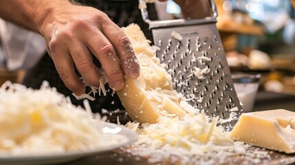 A closeup of a vendors hands grating a block of fresh Parmesan cheese with a plate of samples next to it and a sign reading Grated to Order.