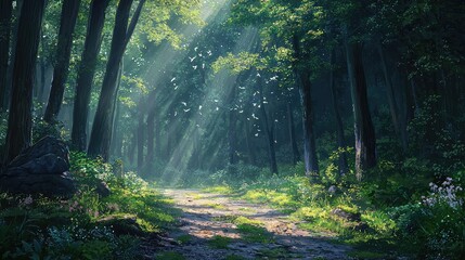 Obraz premium Tranquil Forest Path Under Soft Sunbeams