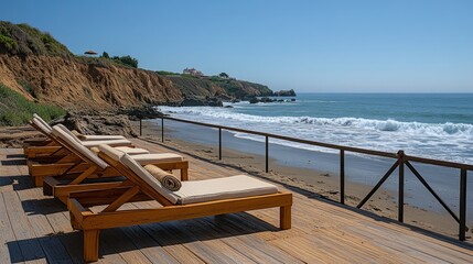 Fototapeta premium Wooden Loungers Facing the Ocean on a Cliffside Deck