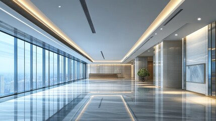 Modern office lobby with sleek design, large windows, and polished floors.