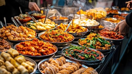 Fototapeta premium Vibrant Night Market Scene with Food Vendors