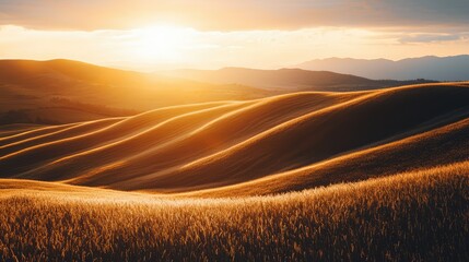 Fototapeta premium Vibrant Sunset Over Golden Grassland Landscape